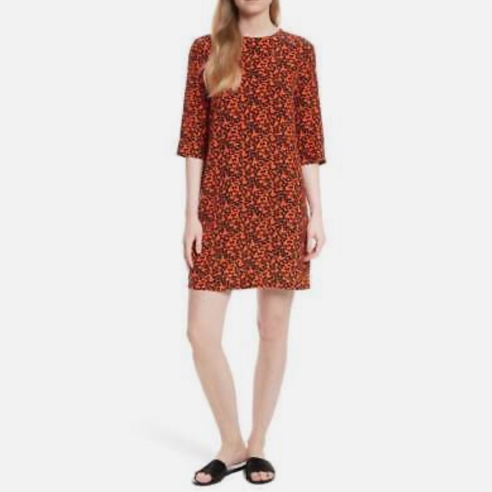 Equipment Aubrey Print Silk Shift Dress Black Orange Patch Pockets Small Small